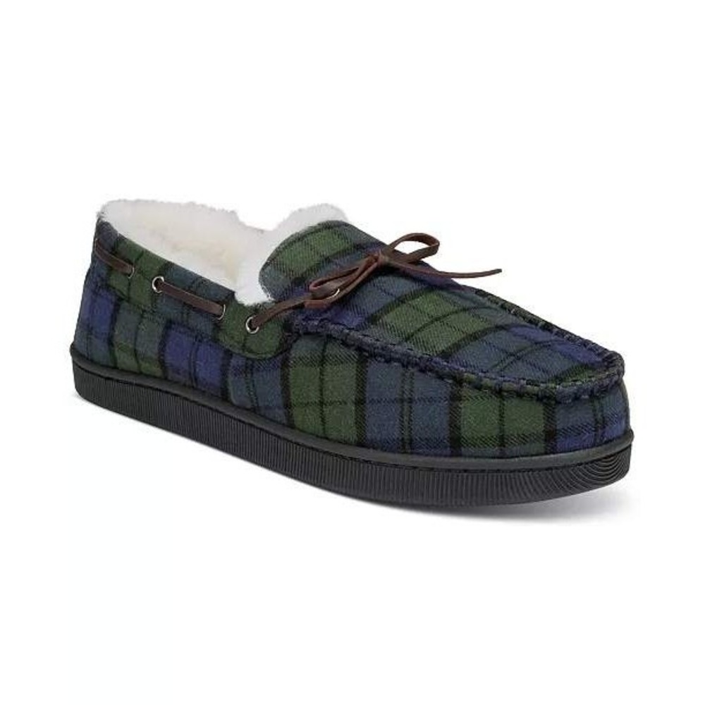 Club Room Moccasin Slippers Mens Sherpa Lined Plaid House Shoes Blue Green S 6-7